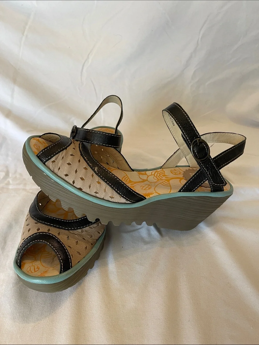 Fly London Black Strappy Wedge Sandals with Beige Upper and Mint Trim